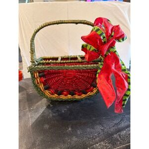 Vintage Watermelon Wicker Basket Caddy with Handle and Bow Red Green 4 Section